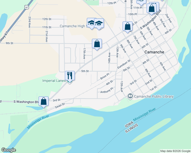 map of restaurants, bars, coffee shops, grocery stores, and more near 432-498 15th Avenue in Camanche