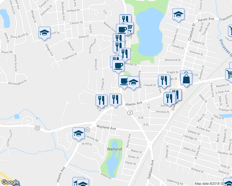 map of restaurants, bars, coffee shops, grocery stores, and more near 250 Atwood Avenue in Cranston