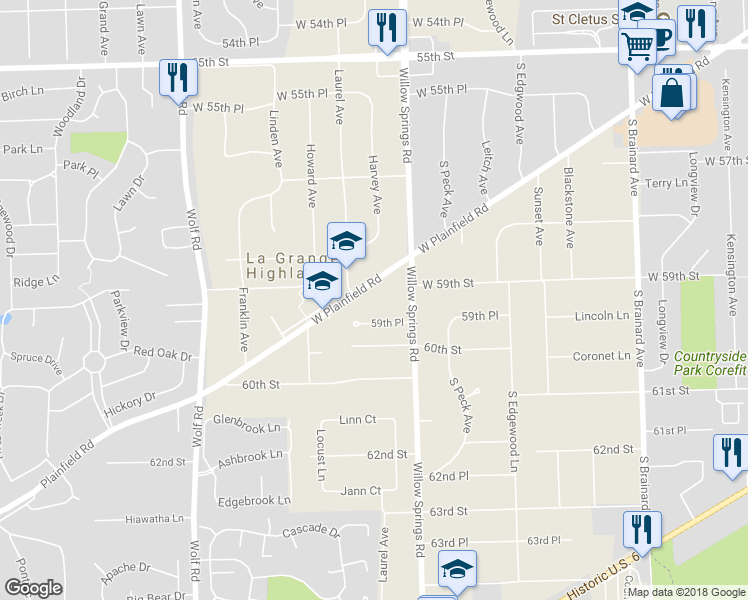 map of restaurants, bars, coffee shops, grocery stores, and more near 1601 West Plainfield Road in La Grange Highlands