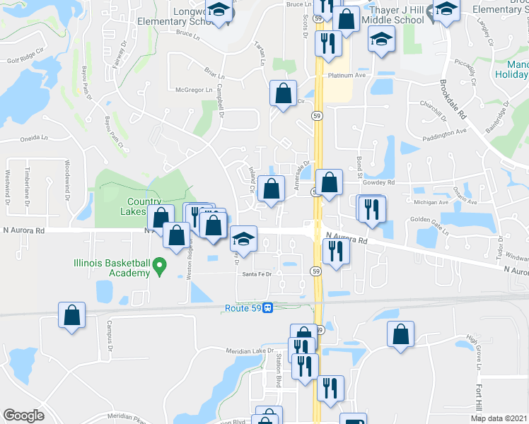 map of restaurants, bars, coffee shops, grocery stores, and more near 740 Inland Circle in Naperville