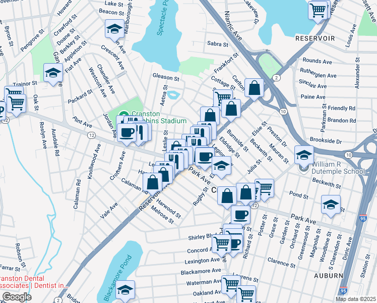 map of restaurants, bars, coffee shops, grocery stores, and more near 134 High School Avenue in Cranston