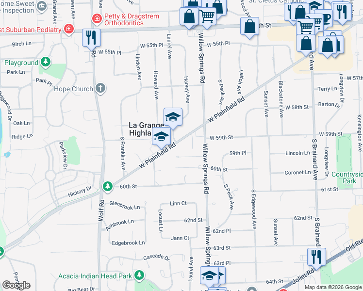 map of restaurants, bars, coffee shops, grocery stores, and more near 1601 West Plainfield Road in La Grange Highlands
