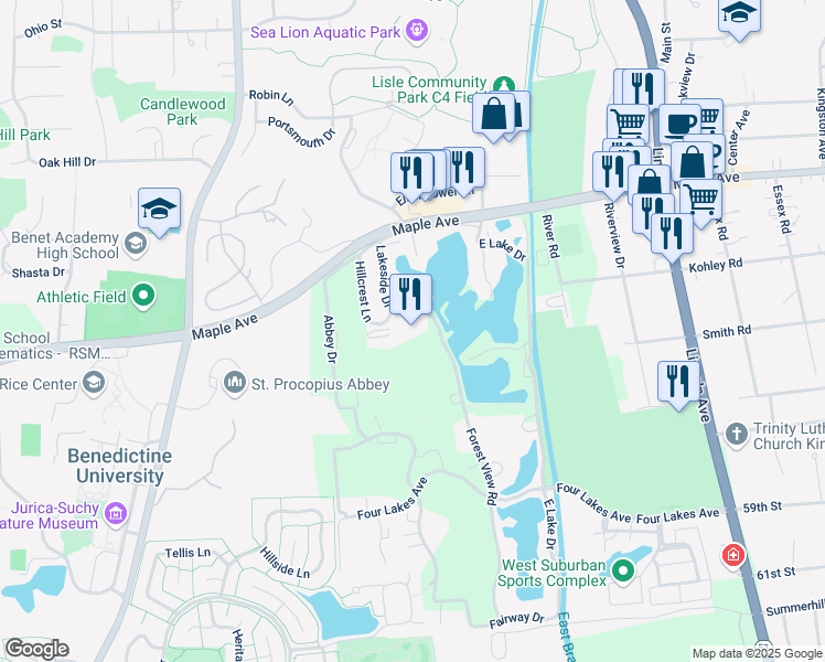 map of restaurants, bars, coffee shops, grocery stores, and more near 5750 Lakeside Drive in Lisle