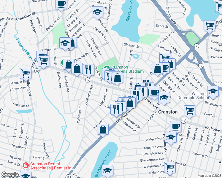 map of restaurants, bars, coffee shops, grocery stores, and more near 1063 Park Avenue in Cranston