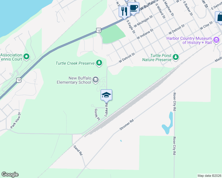 map of restaurants, bars, coffee shops, grocery stores, and more near 12346 Lubke Road in New Buffalo