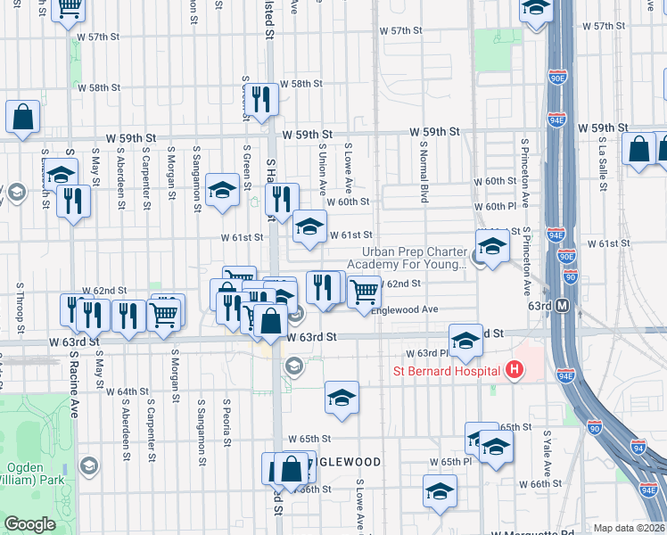 map of restaurants, bars, coffee shops, grocery stores, and more near 651 West 61st Place in Chicago