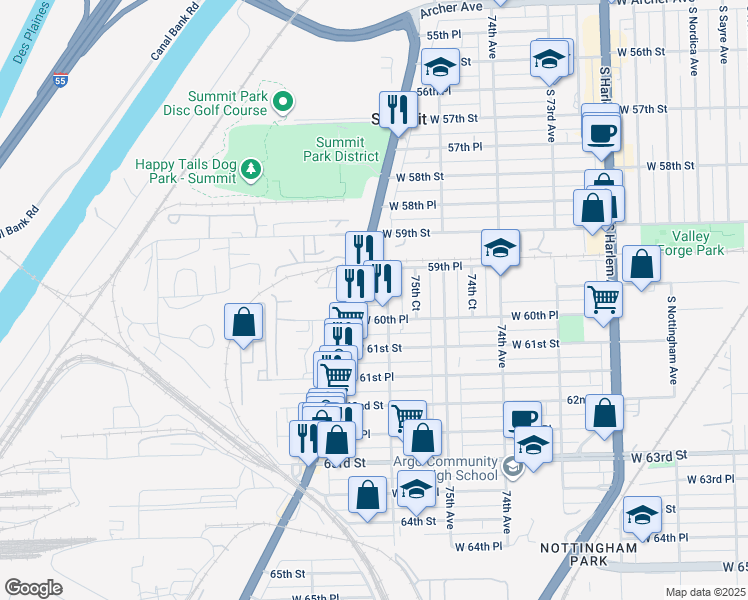 map of restaurants, bars, coffee shops, grocery stores, and more near 7613 West 60th Street in Summit