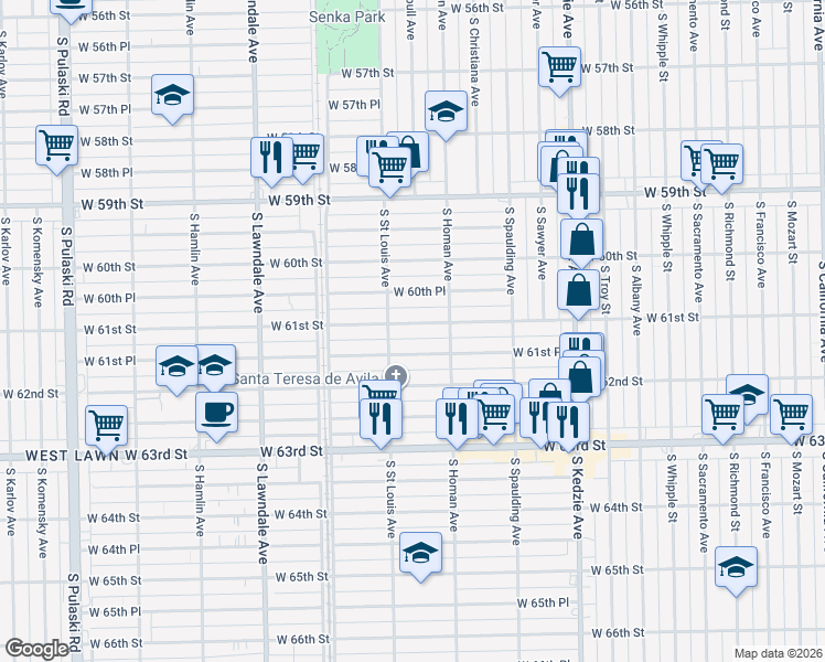 map of restaurants, bars, coffee shops, grocery stores, and more near 3437 West 61st Street in Chicago