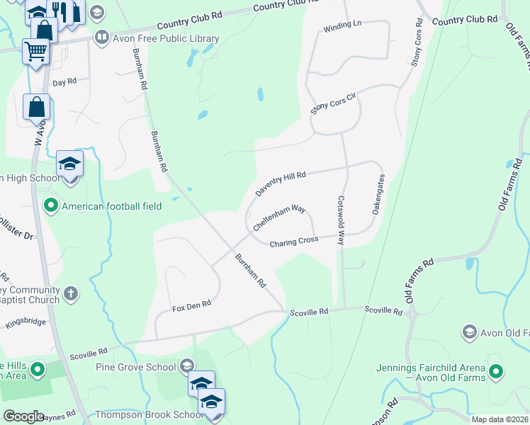 map of restaurants, bars, coffee shops, grocery stores, and more near 30 Cheltenham Way in Avon