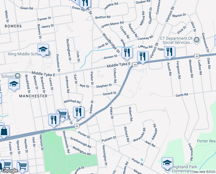 map of restaurants, bars, coffee shops, grocery stores, and more near 45 Cone Street in Manchester