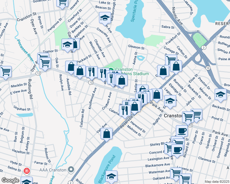 map of restaurants, bars, coffee shops, grocery stores, and more near 1063 Park Avenue in Cranston