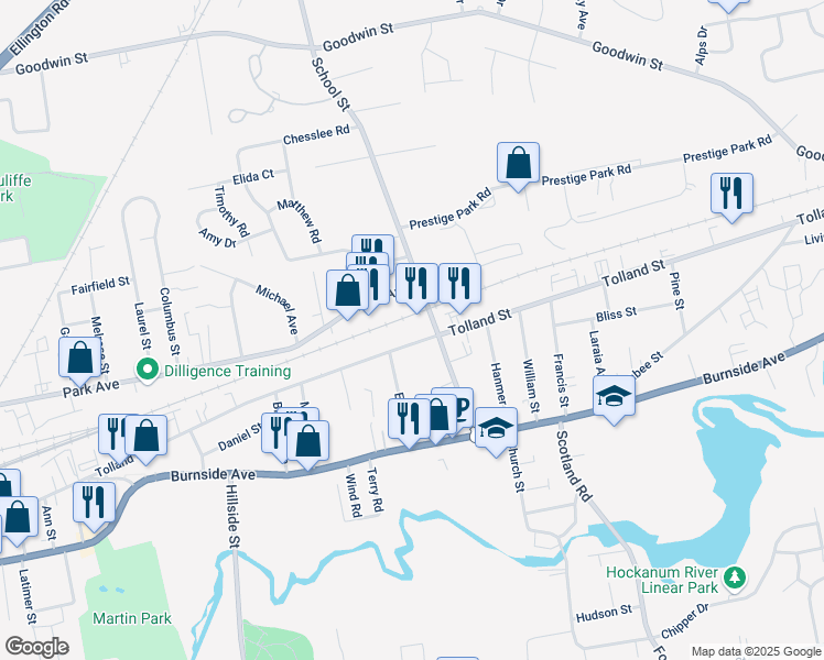 map of restaurants, bars, coffee shops, grocery stores, and more near 490 Tolland Street in East Hartford