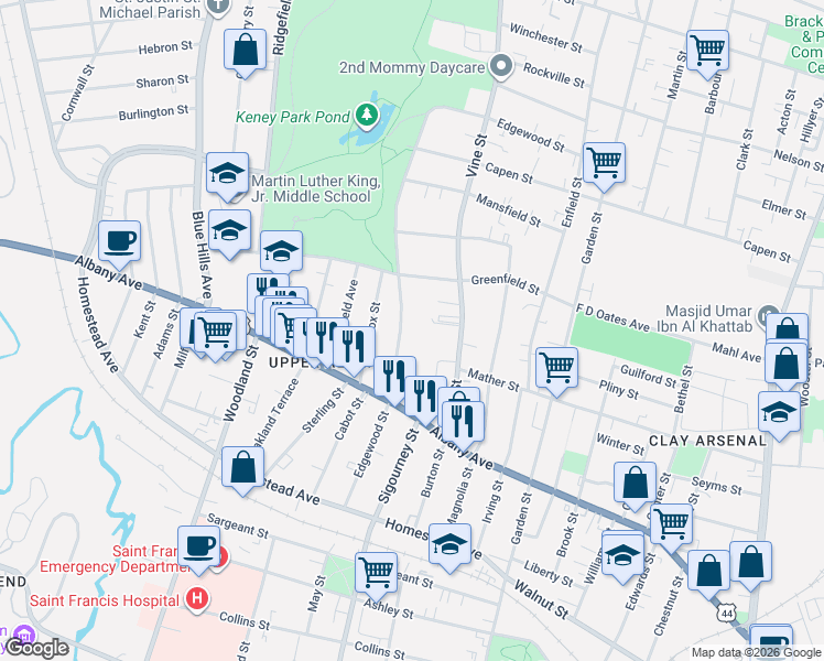 map of restaurants, bars, coffee shops, grocery stores, and more near 166 Edgewood Street in Hartford