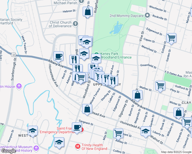 map of restaurants, bars, coffee shops, grocery stores, and more near 1170 Albany Avenue in Hartford
