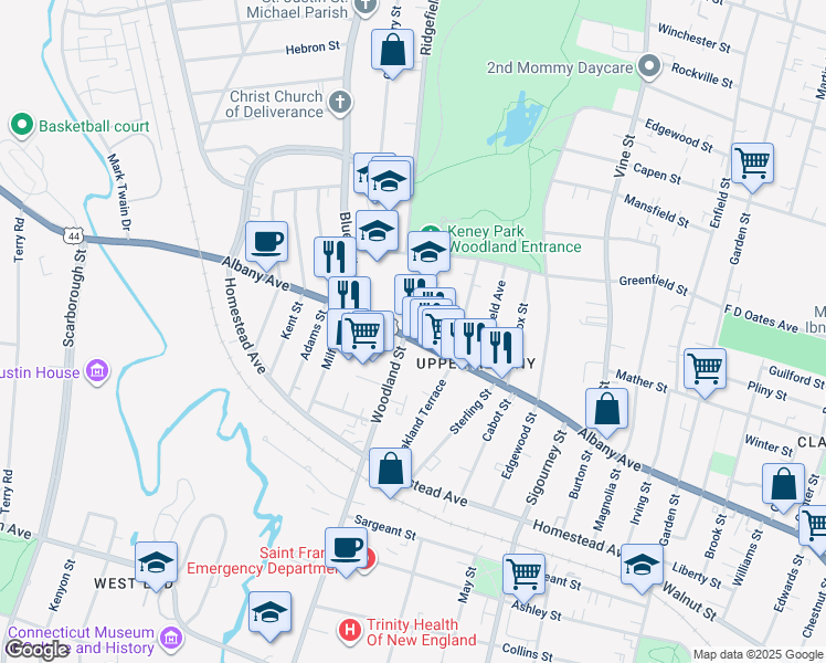 map of restaurants, bars, coffee shops, grocery stores, and more near 1170 Albany Avenue in Hartford