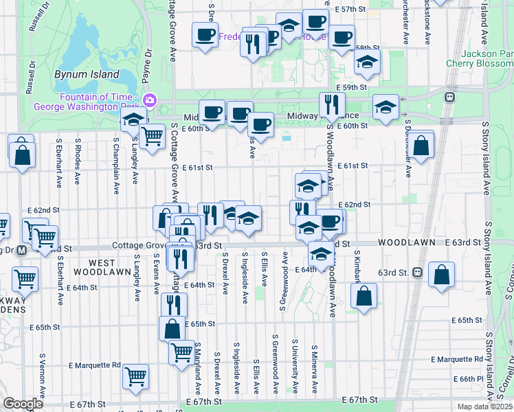 map of restaurants, bars, coffee shops, grocery stores, and more near 6156 South Ellis Avenue in Chicago