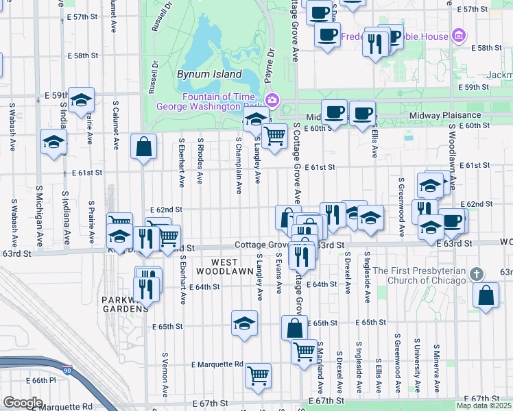 map of restaurants, bars, coffee shops, grocery stores, and more near 648 East 62nd Street in Chicago