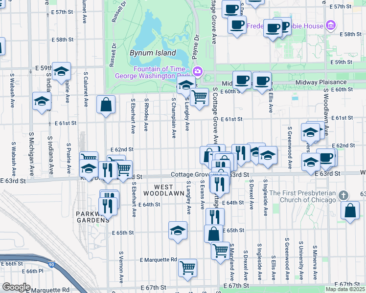 map of restaurants, bars, coffee shops, grocery stores, and more near 648 East 62nd Street in Chicago