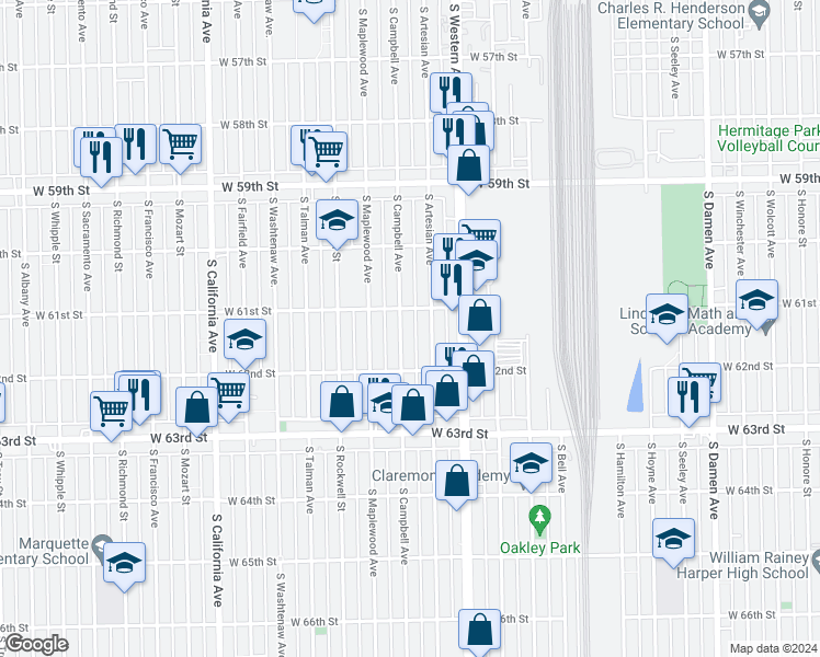 map of restaurants, bars, coffee shops, grocery stores, and more near 6110 South Artesian Avenue in Chicago