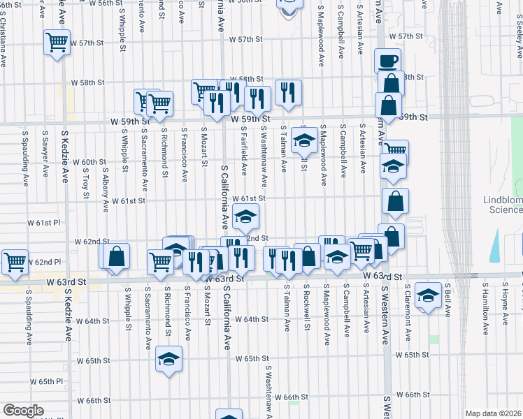 map of restaurants, bars, coffee shops, grocery stores, and more near 6106 South Washtenaw Avenue in Chicago