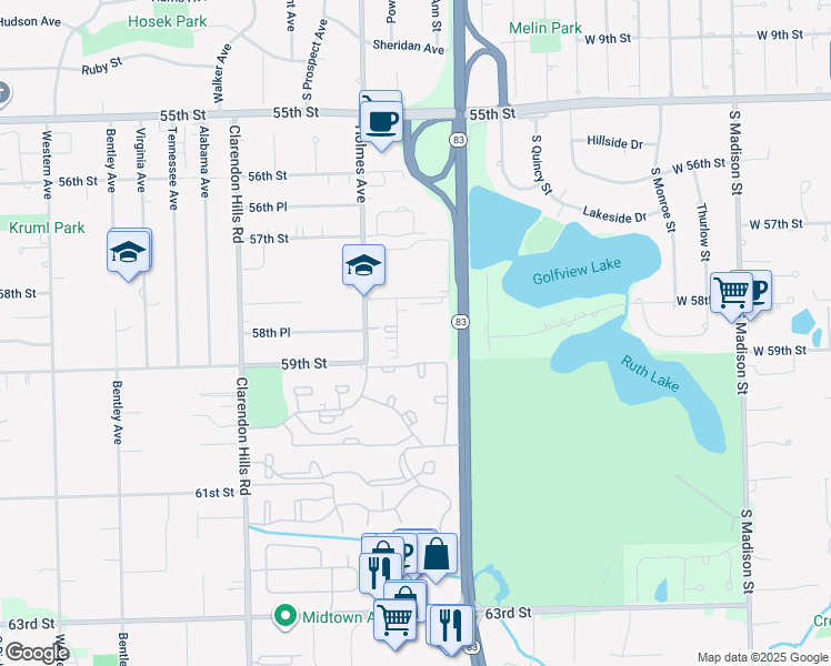 map of restaurants, bars, coffee shops, grocery stores, and more near 16W470 59th Street in Clarendon Hills