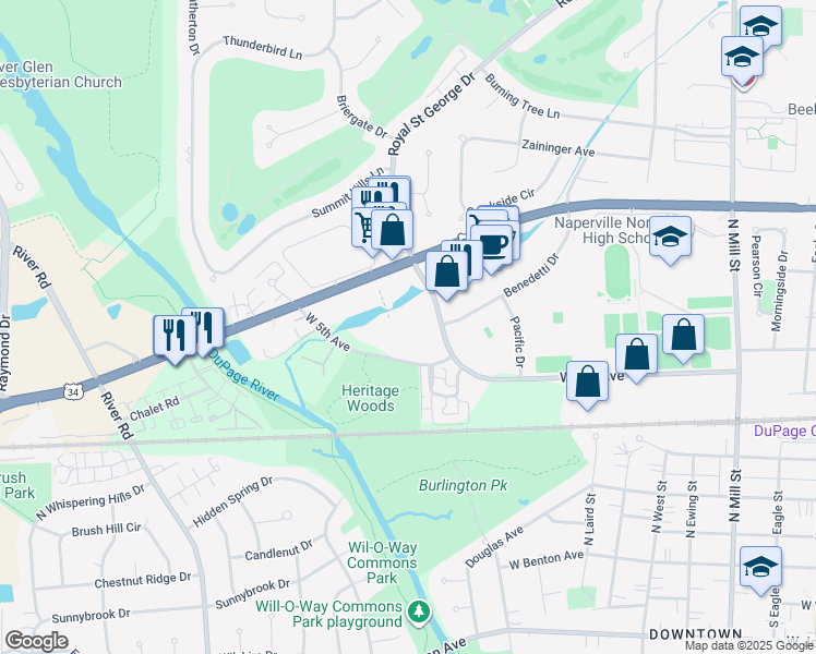 map of restaurants, bars, coffee shops, grocery stores, and more near 701 Royal Saint George Drive in Naperville