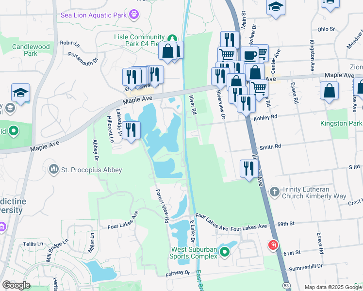 map of restaurants, bars, coffee shops, grocery stores, and more near 5529 East Lake Drive in Lisle
