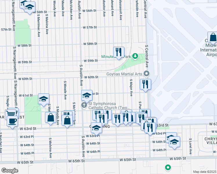 map of restaurants, bars, coffee shops, grocery stores, and more near 6037 South Monitor Avenue in Chicago