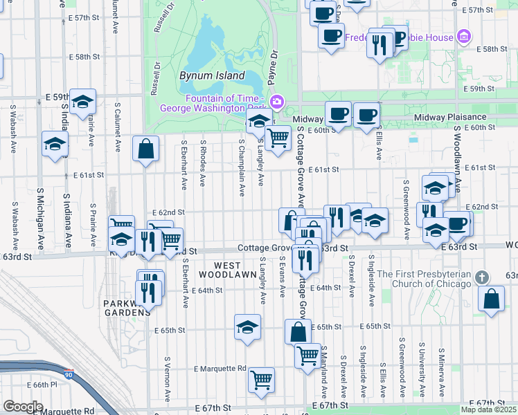 map of restaurants, bars, coffee shops, grocery stores, and more near 648 East 62nd Street in Chicago