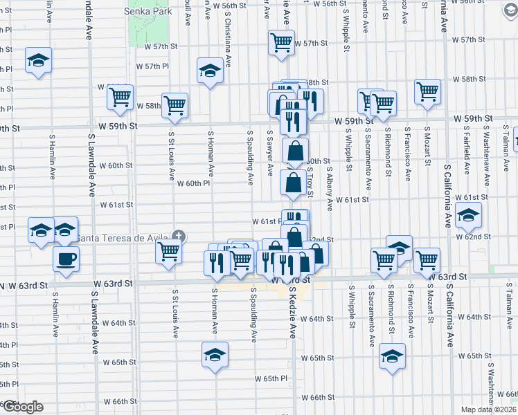 map of restaurants, bars, coffee shops, grocery stores, and more near 3247 West 61st Street in Chicago