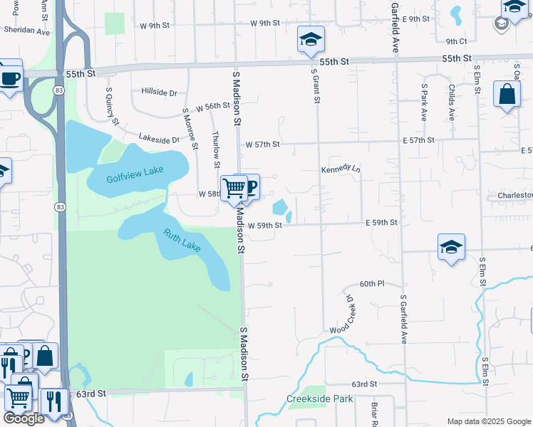 map of restaurants, bars, coffee shops, grocery stores, and more near 315 West 59th Street in Hinsdale