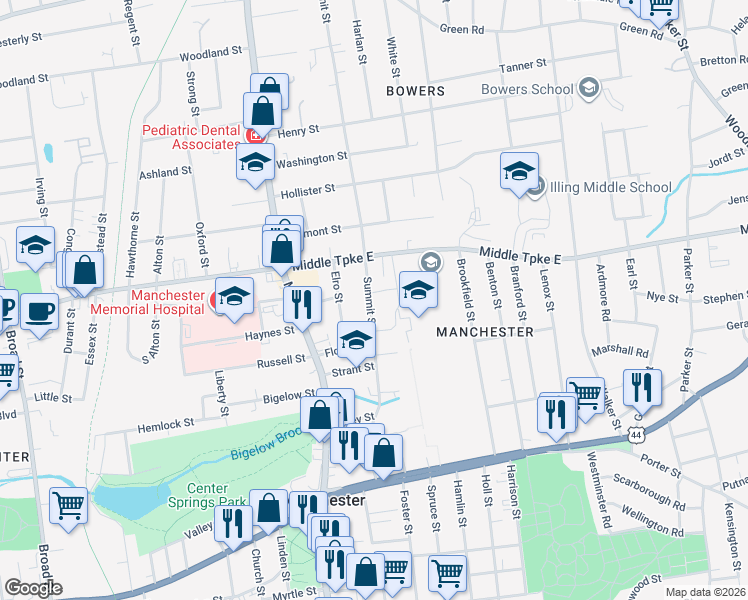 map of restaurants, bars, coffee shops, grocery stores, and more near 169 Summit Street in Manchester