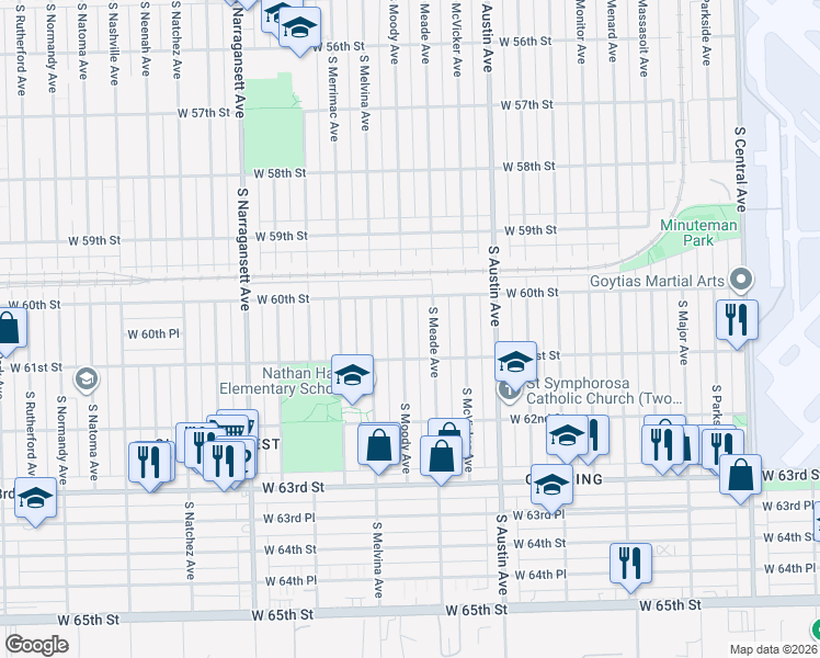 map of restaurants, bars, coffee shops, grocery stores, and more near 6031 South Moody Avenue in Chicago