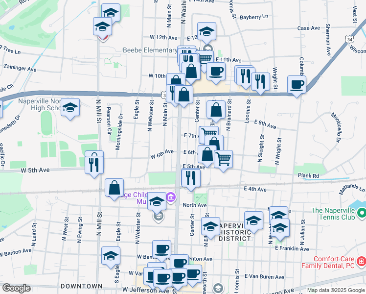 map of restaurants, bars, coffee shops, grocery stores, and more near 616 North Washington Street in Naperville