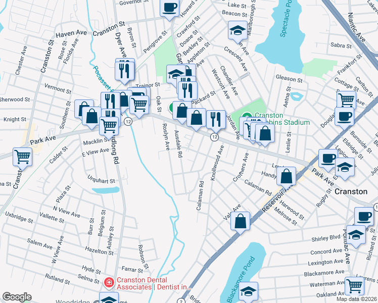 map of restaurants, bars, coffee shops, grocery stores, and more near 94 Garland Avenue in Cranston