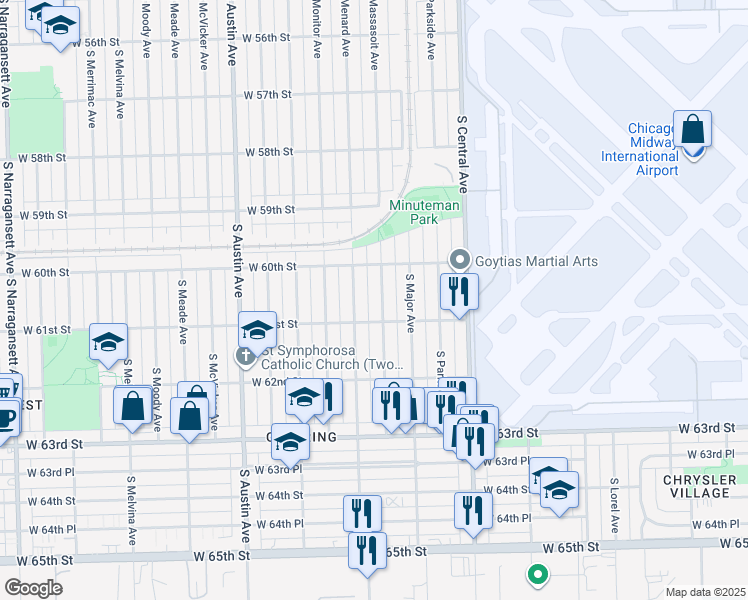 map of restaurants, bars, coffee shops, grocery stores, and more near 6031 South Menard Avenue in Chicago
