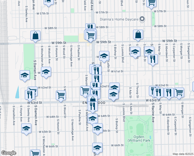 map of restaurants, bars, coffee shops, grocery stores, and more near 6124 South Ashland Avenue in Chicago