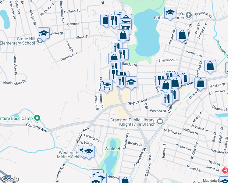 map of restaurants, bars, coffee shops, grocery stores, and more near 250 Atwood Avenue in Cranston