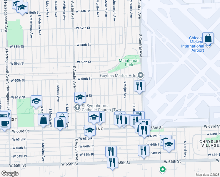 map of restaurants, bars, coffee shops, grocery stores, and more near 6037 South Menard Avenue in Chicago