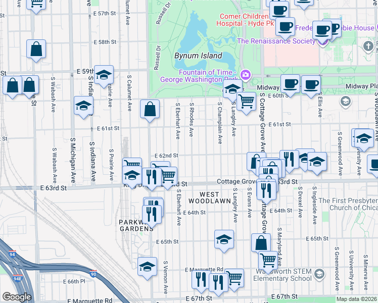 map of restaurants, bars, coffee shops, grocery stores, and more near 6154 South Rhodes Avenue in Chicago