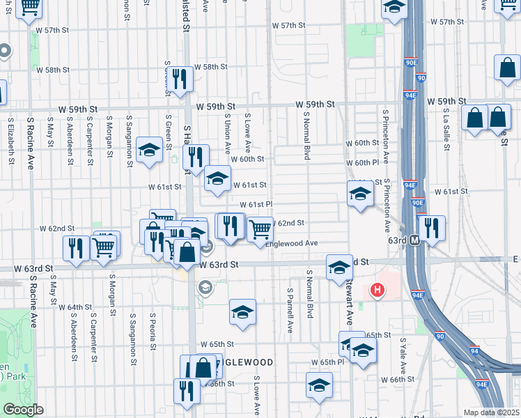 map of restaurants, bars, coffee shops, grocery stores, and more near 611 West 61st Place in Chicago