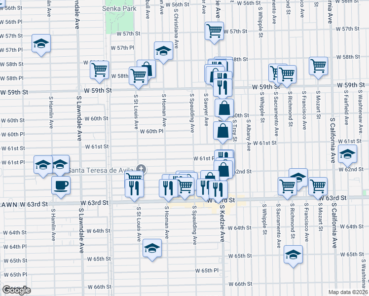 map of restaurants, bars, coffee shops, grocery stores, and more near 3319 West 61st Street in Chicago