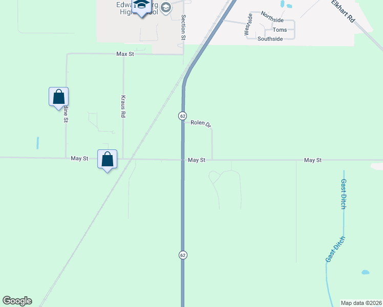 map of restaurants, bars, coffee shops, grocery stores, and more near 69905 Michigan 62 in Edwardsburg
