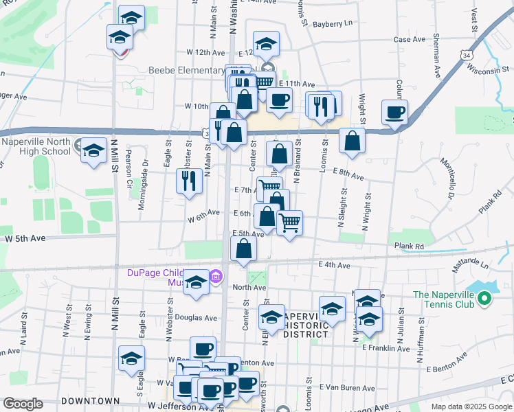 map of restaurants, bars, coffee shops, grocery stores, and more near 615 North Center Street in Naperville