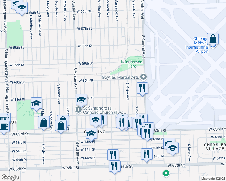 map of restaurants, bars, coffee shops, grocery stores, and more near 6037 South Menard Avenue in Chicago