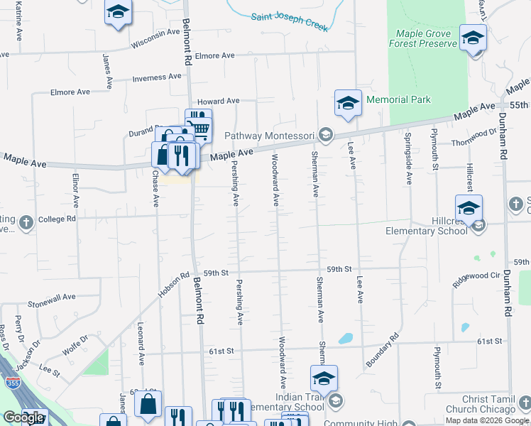 map of restaurants, bars, coffee shops, grocery stores, and more near 2151 Blanchard Street in Downers Grove