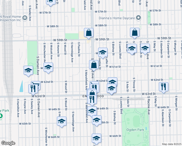 map of restaurants, bars, coffee shops, grocery stores, and more near 6124 South Ashland Avenue in Chicago