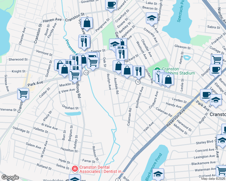 map of restaurants, bars, coffee shops, grocery stores, and more near 93 Roslyn Avenue in Cranston