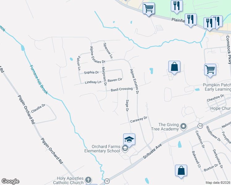 map of restaurants, bars, coffee shops, grocery stores, and more near 60 Basil Crossing in Cranston