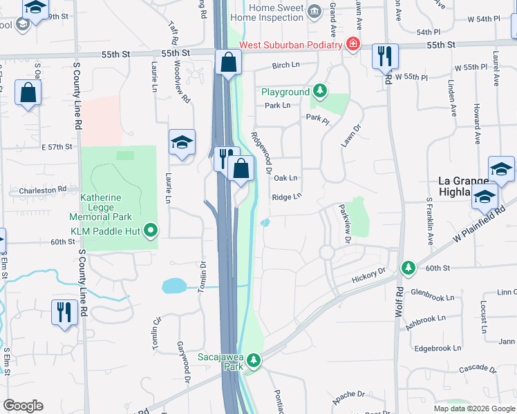 map of restaurants, bars, coffee shops, grocery stores, and more near 5930 Flagg Creek Lane in Western Springs